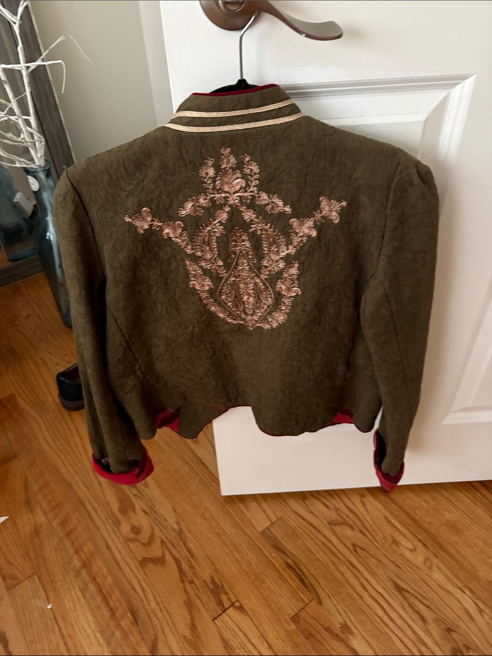 We The Free Olive Green Varsity Jacket with Pink Embroidery
